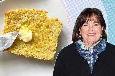 Ina Garten next to a piece of cornbread on a plate with butter and a knife