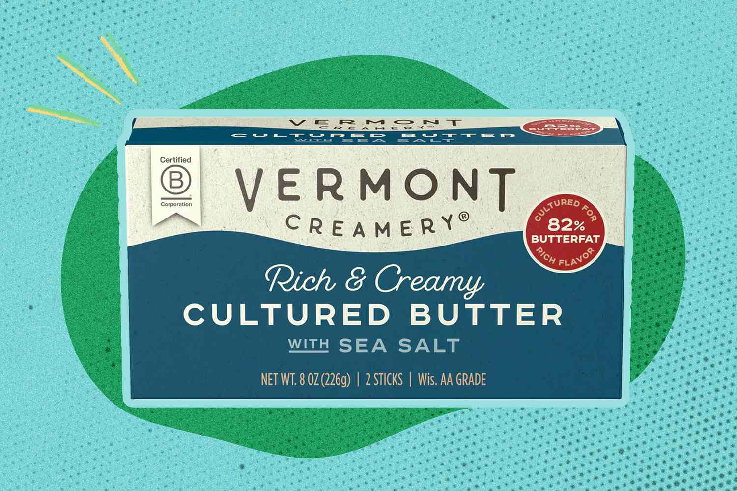 box of Vermont Creamery Butter on a illustrated color-block background