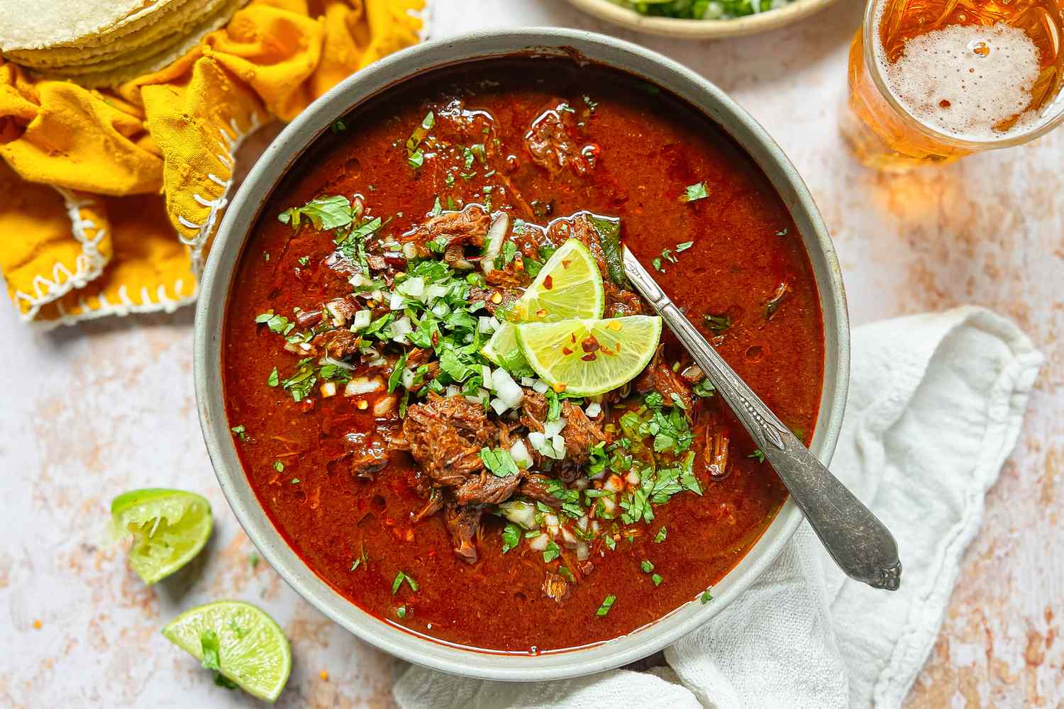 An overhead of a beef birria topped with onions and cilantro 