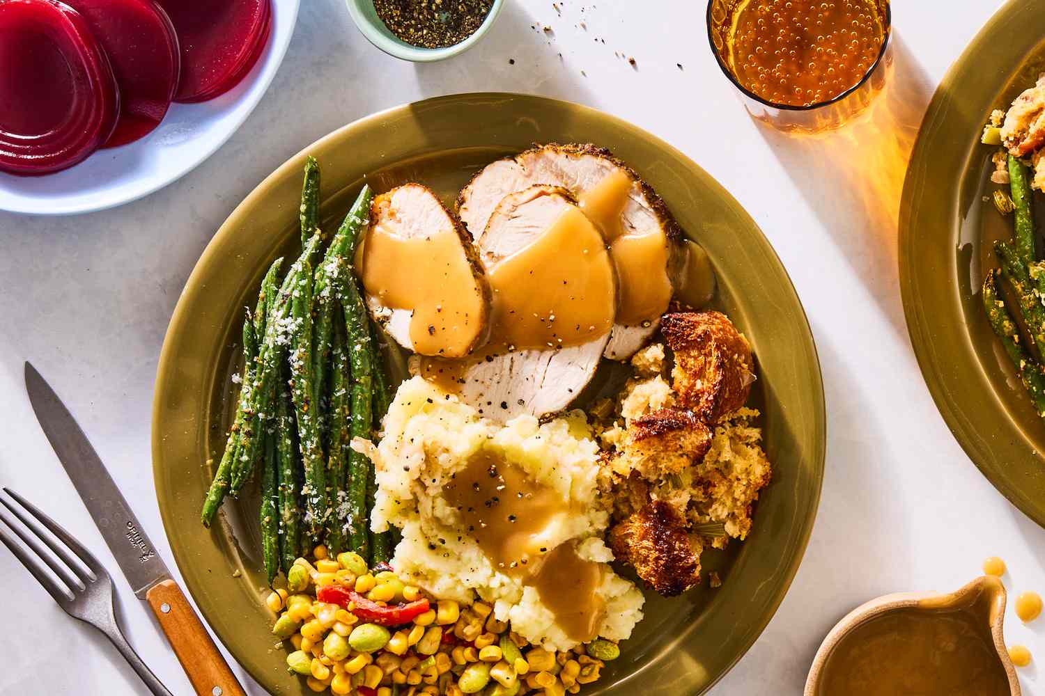 overhead view of a plate of Thanksgiving food