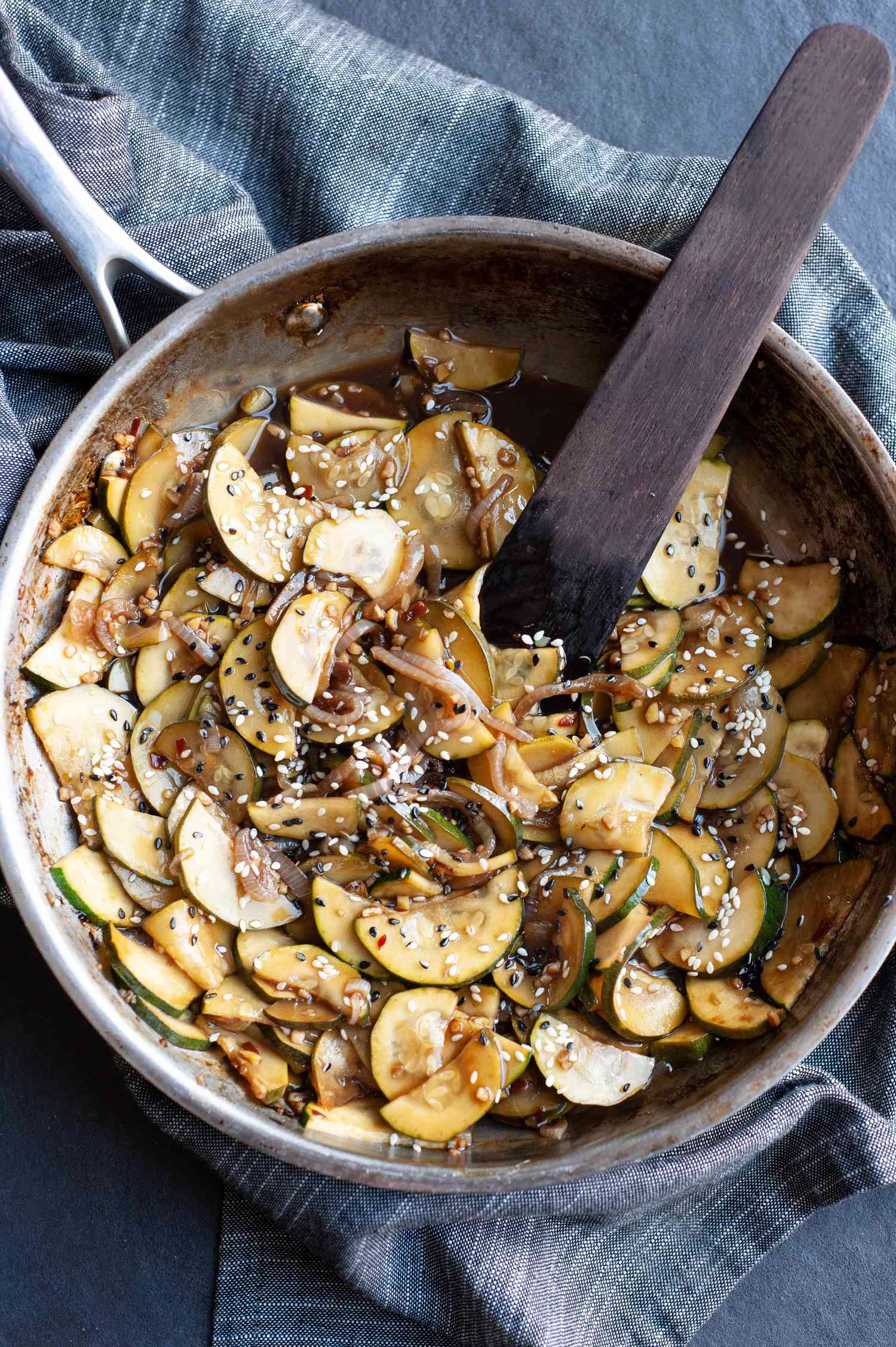 Zucchini Stir-Fry in a Skillet with a Spoon