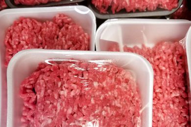 Packages of ground beef shown wrapped and close up