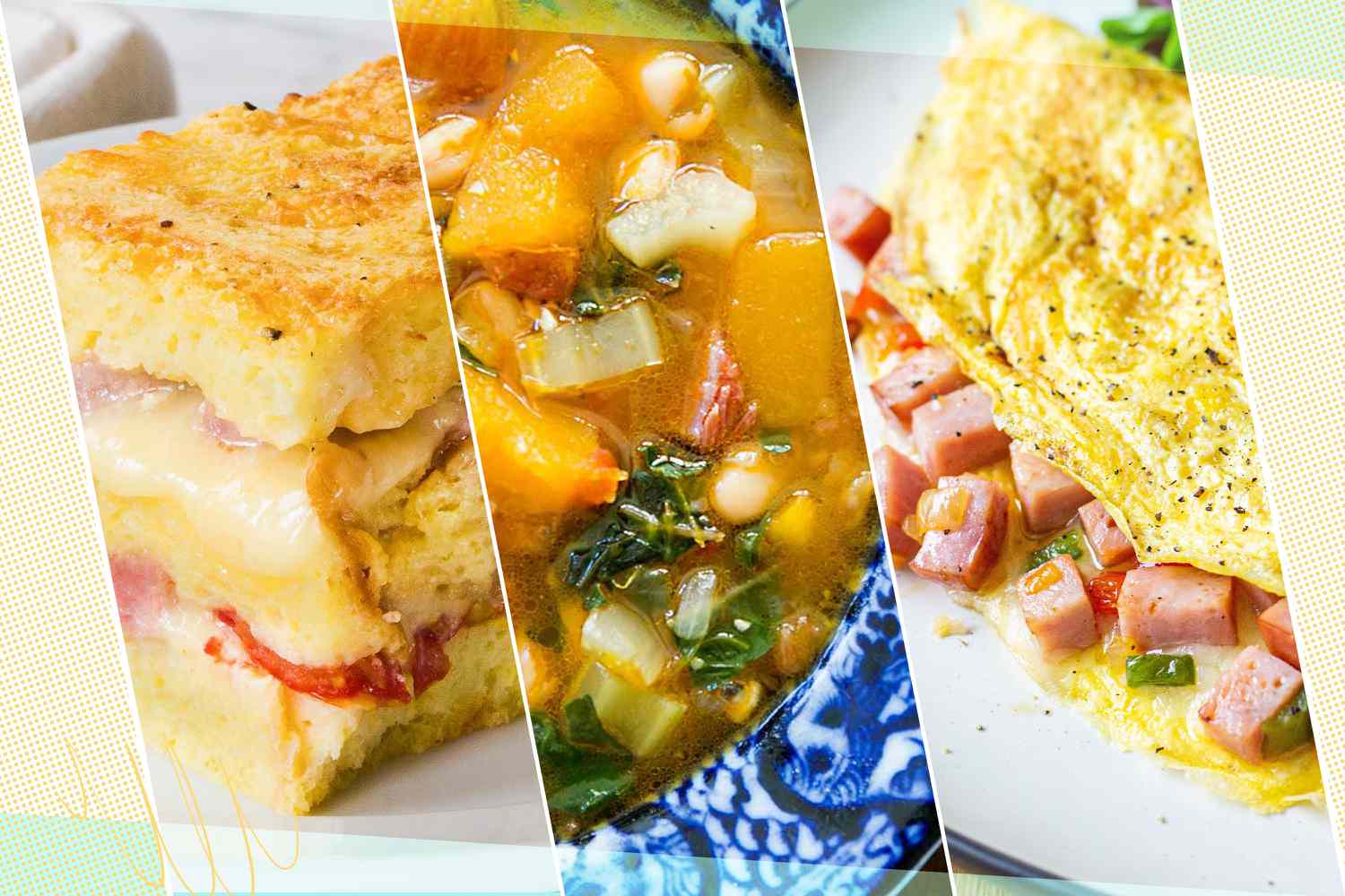 Three recipes made with leftover ham: a brothy soup, an omelet, and a breakfast casserole