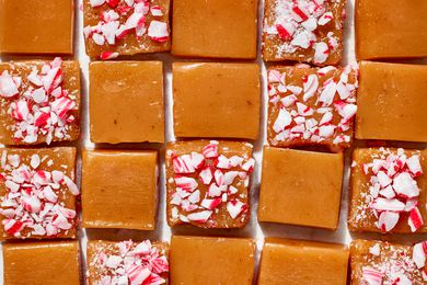 Peppermint Caramels Squares Lined Together (Some Have Crushed Candy Corn Toppings and Some Don't)