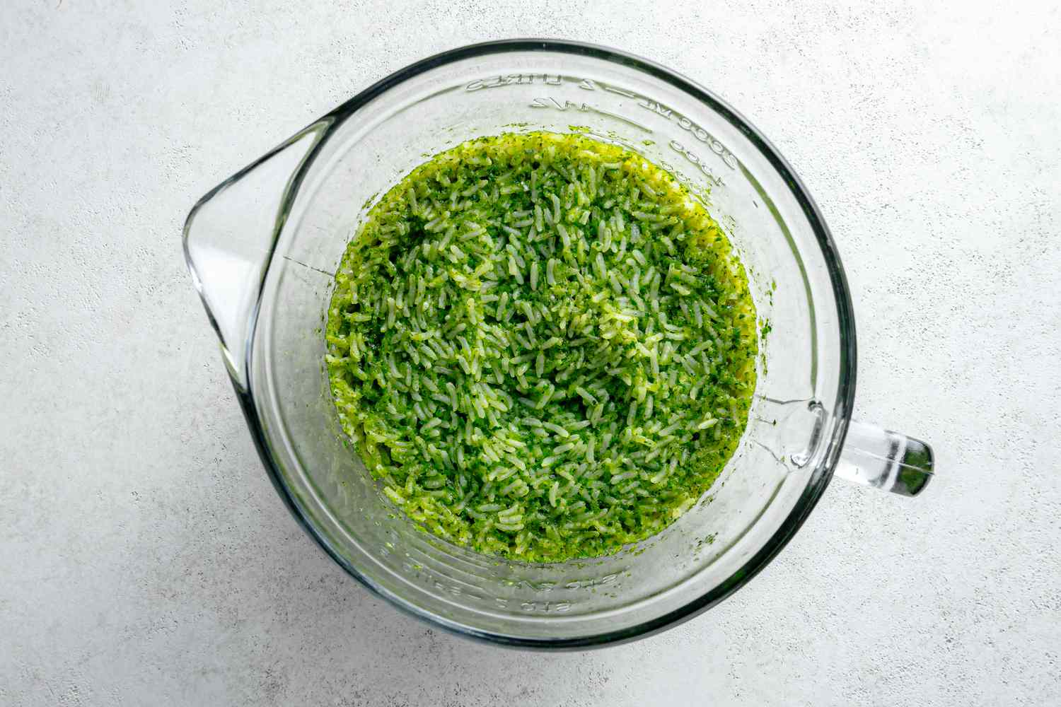 Cooked Microwave Arroz Verde in a Large Microwavable Measuring Cup 