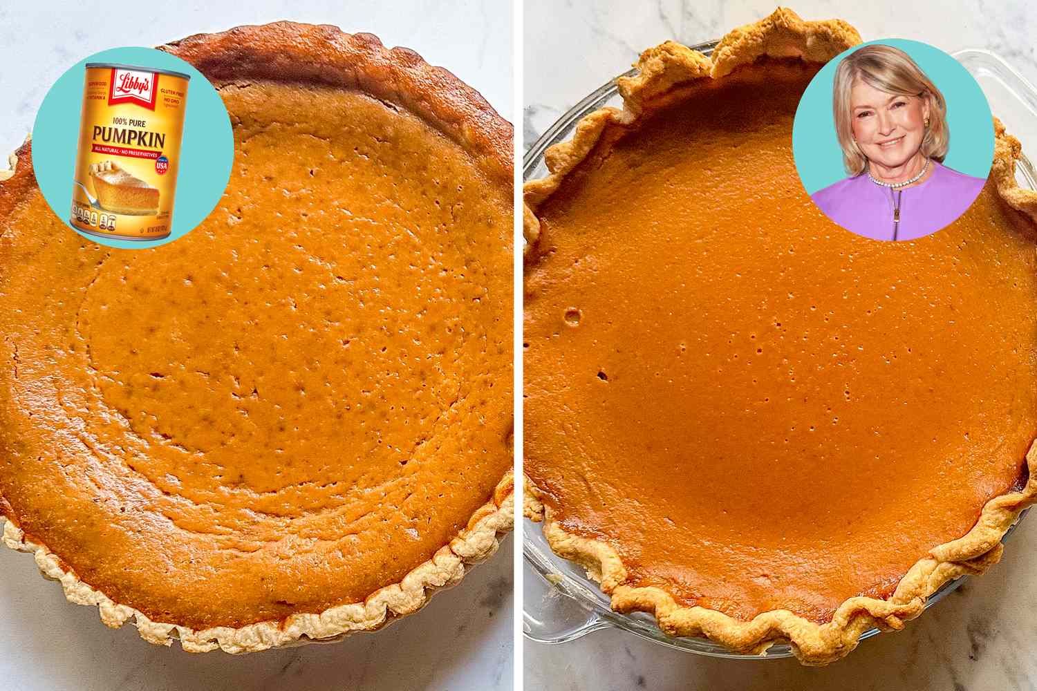 Sidebyside comparison of pumpkin pies one with Martha Stewarts portrait above it