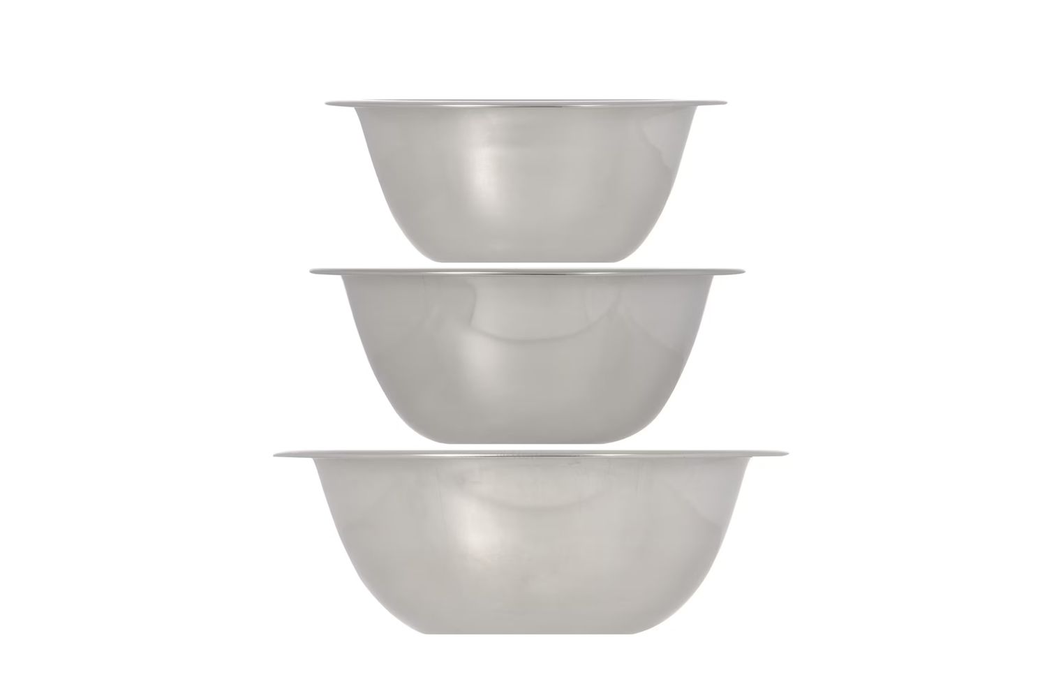 Three stainless steel bowls stacked in descending size order