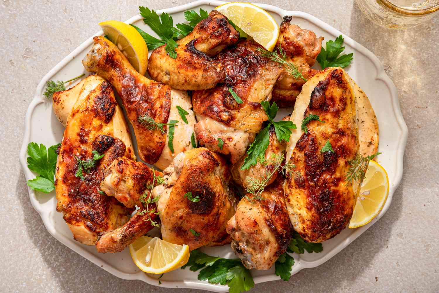 Ranch chicken topped with fresh herbs and lemon wedges on a platter