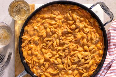 A top view of a skillet with the Cheesy Hamburger Skillet Recipe