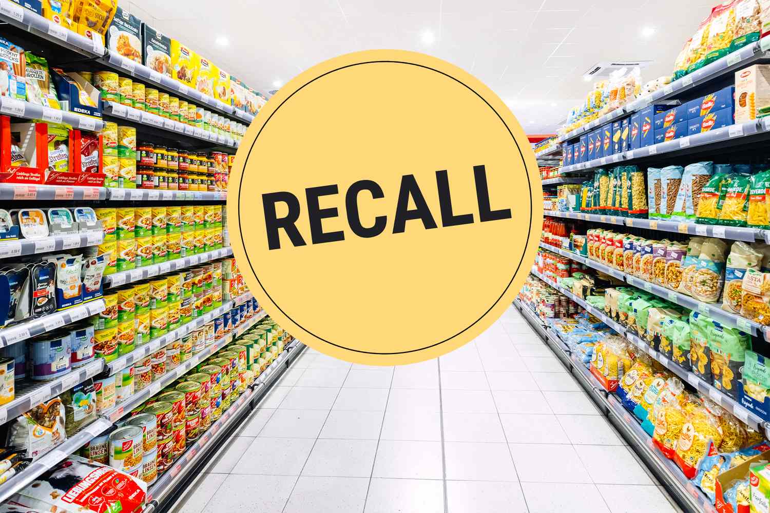 Grocery store aisles with a large Recall label imposed in the center of the image