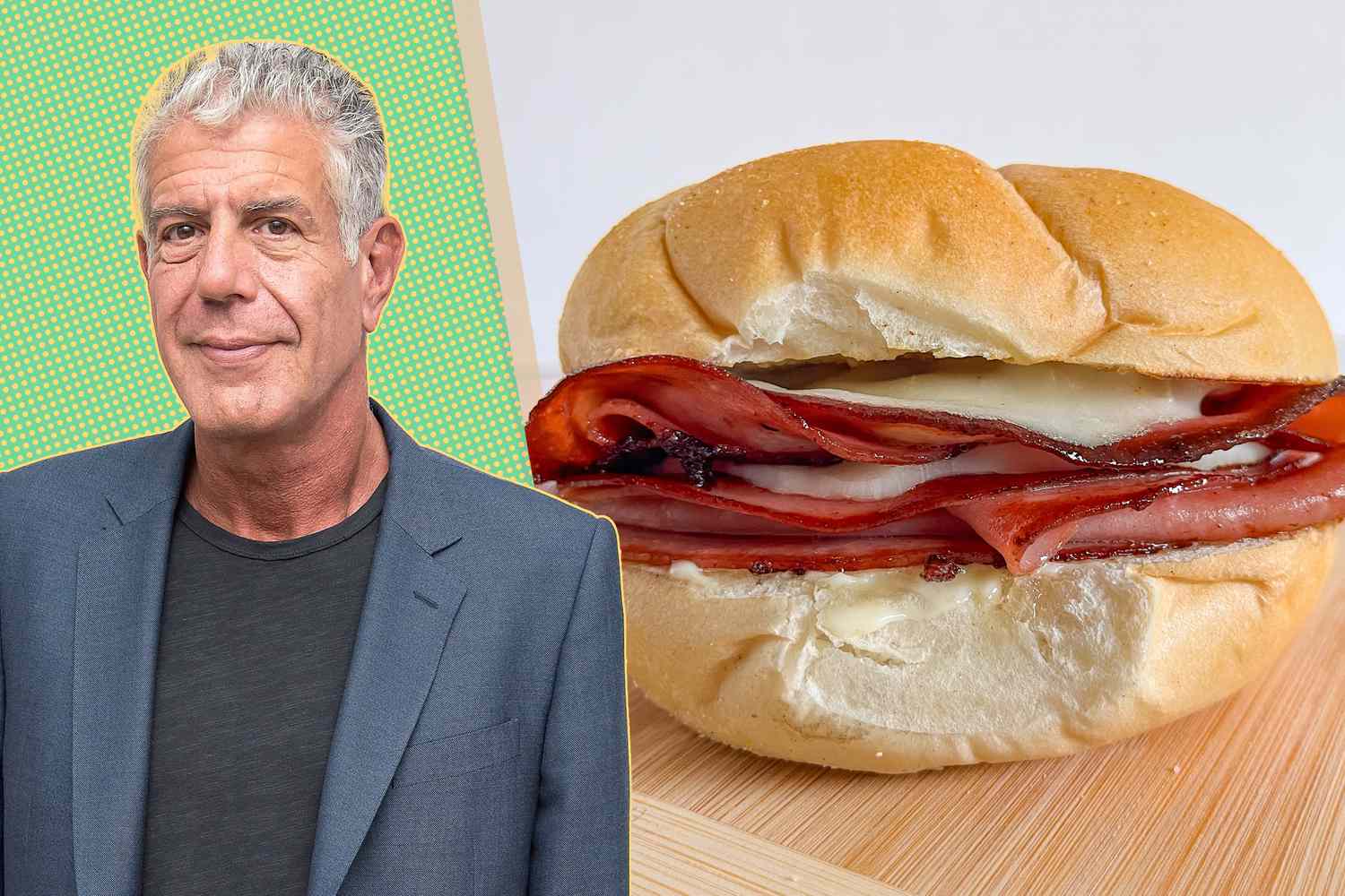 Anthony Bourdain cut-out next to a photo of his sandwich