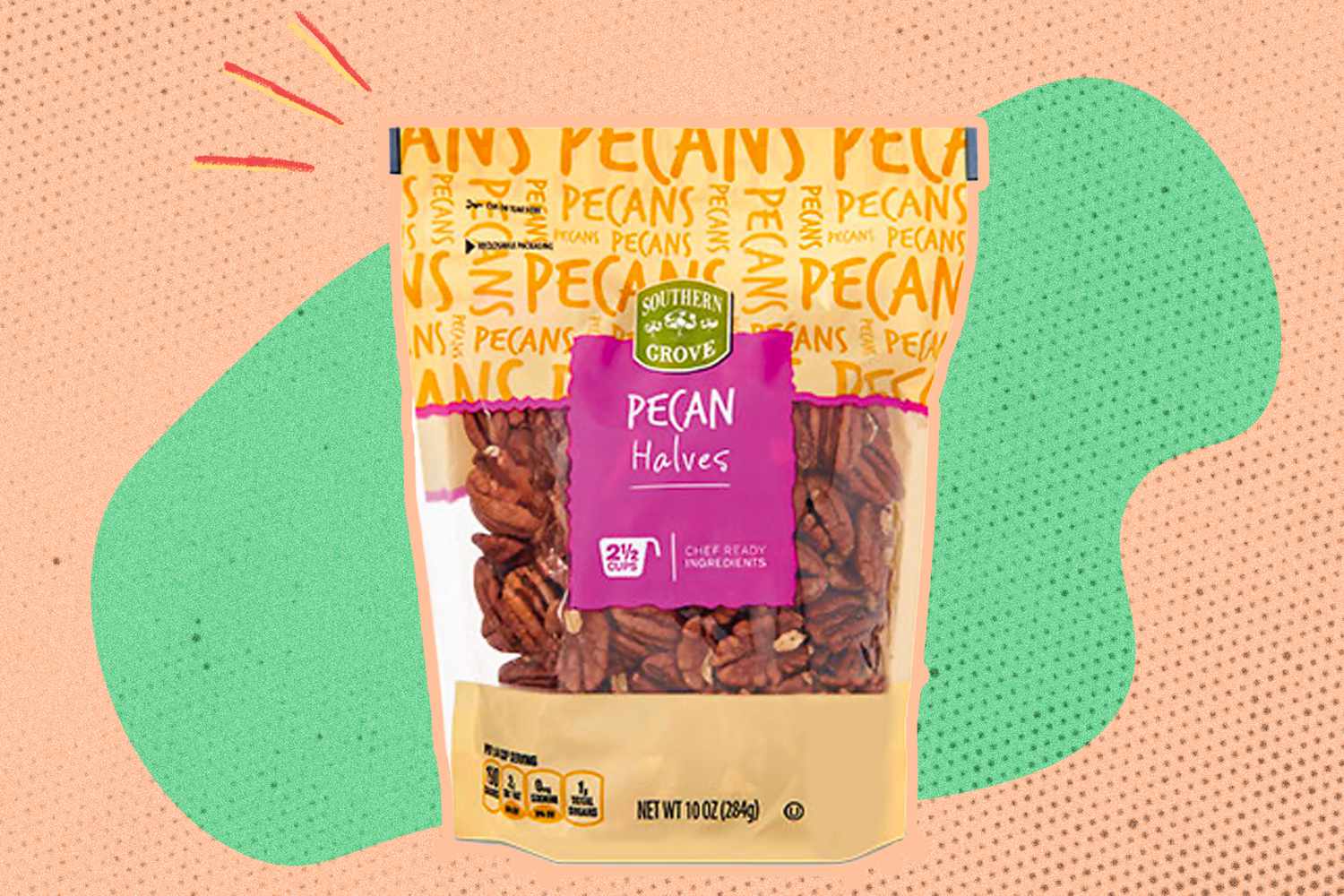 A bag of Pecan halves on an illustrated background