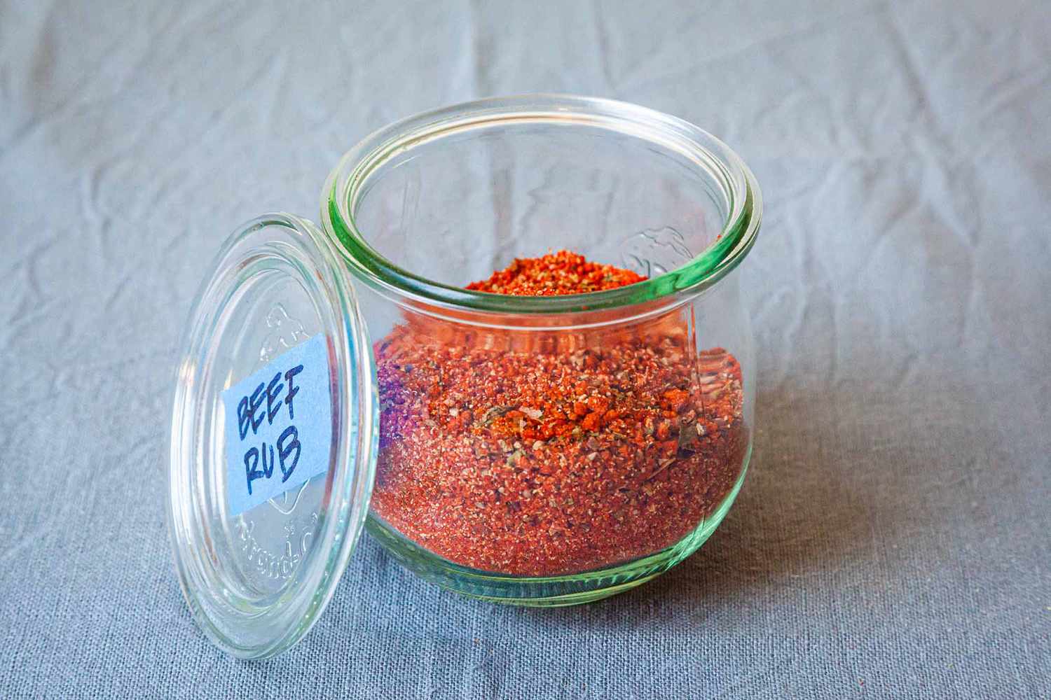 A small jar of red beef steak rub labelled "beef rub"
