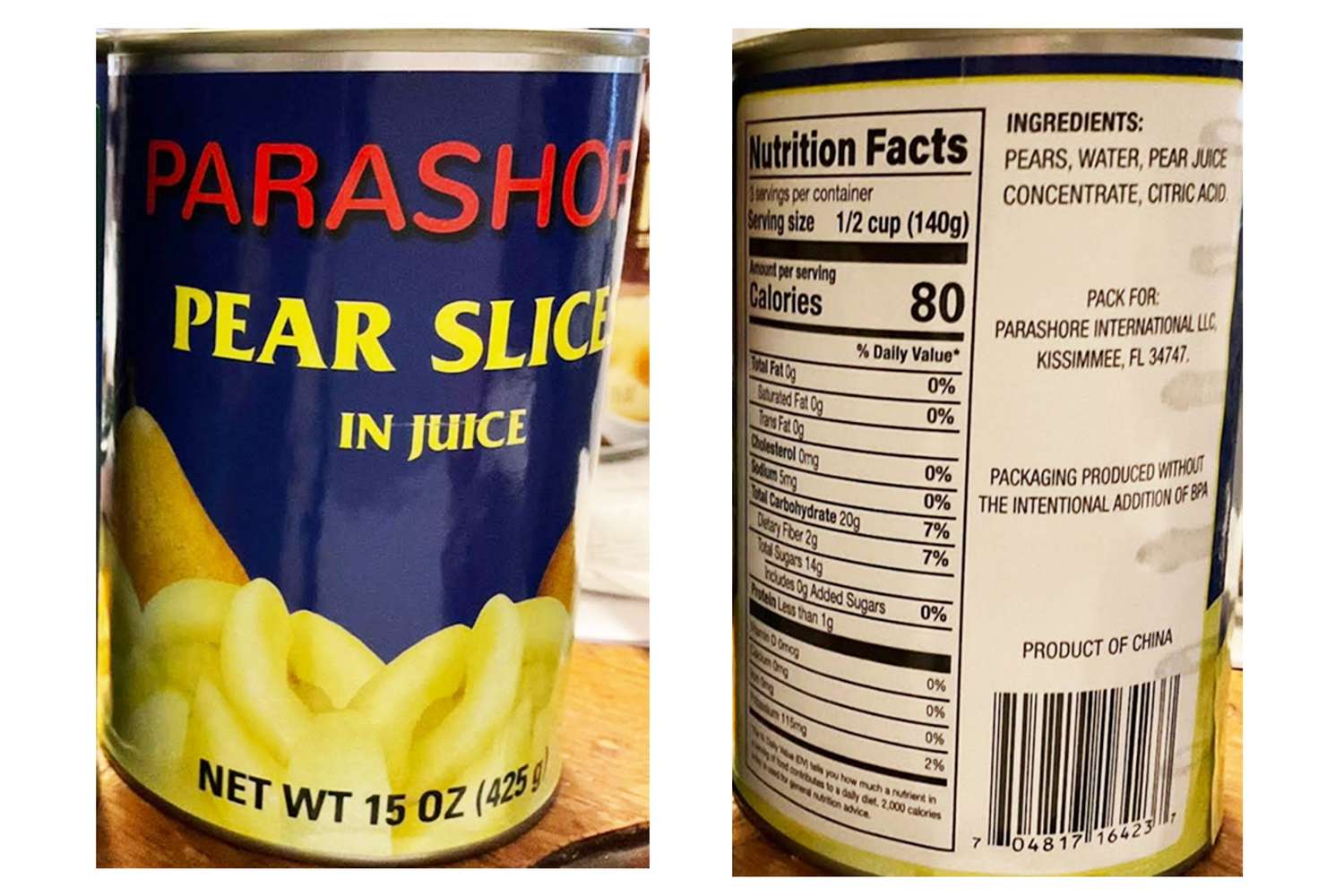 A can of pear slices labeled Parashore showing the front and back packaging details