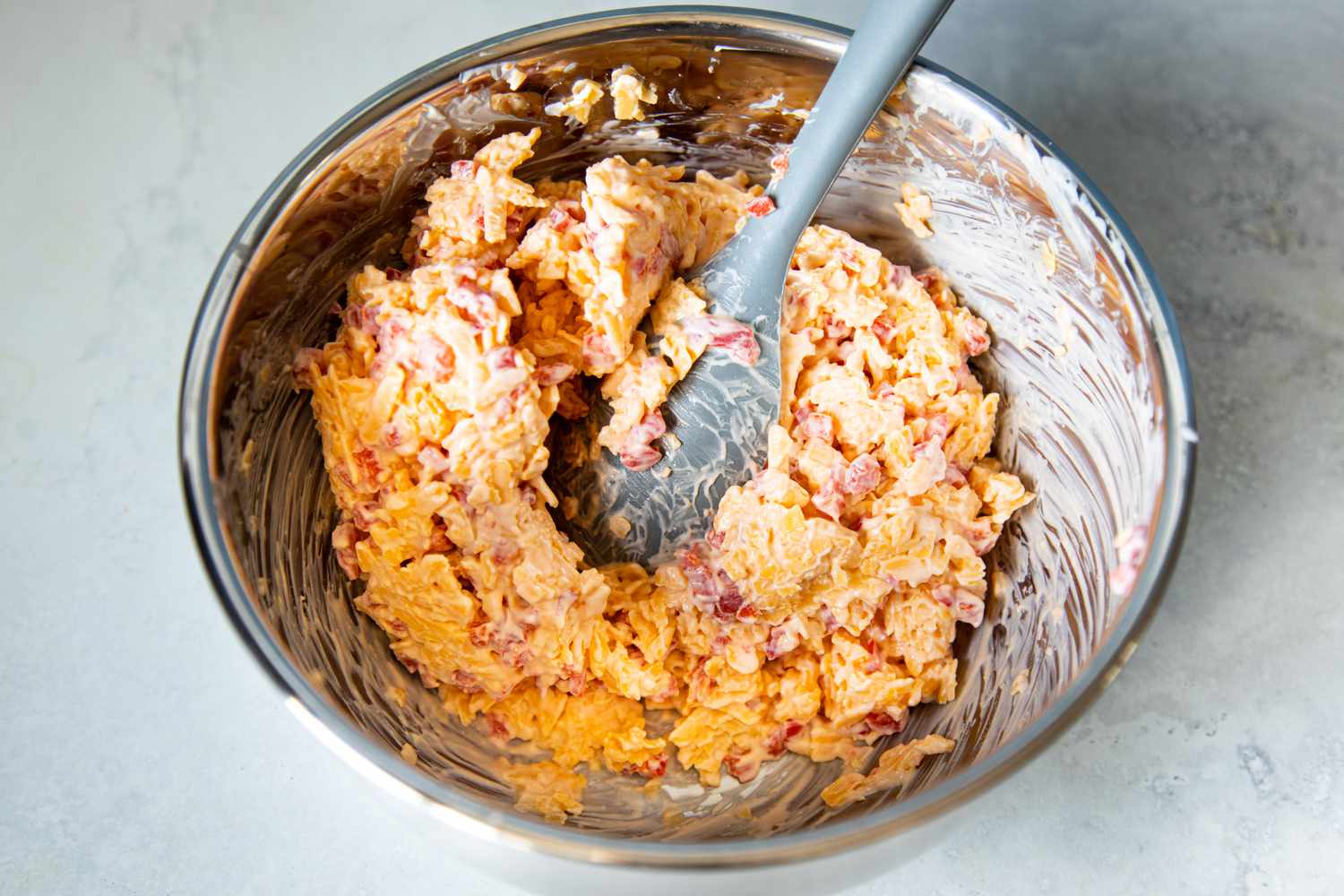Ingredients Mixed Together in Bowl to Make Pimento Cheese