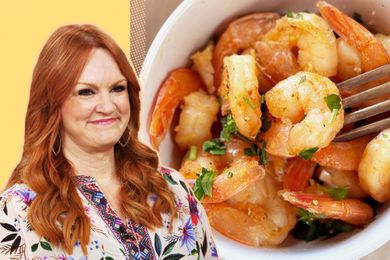 A split image of Ree Drummond and to a bowl of garlic shrimp