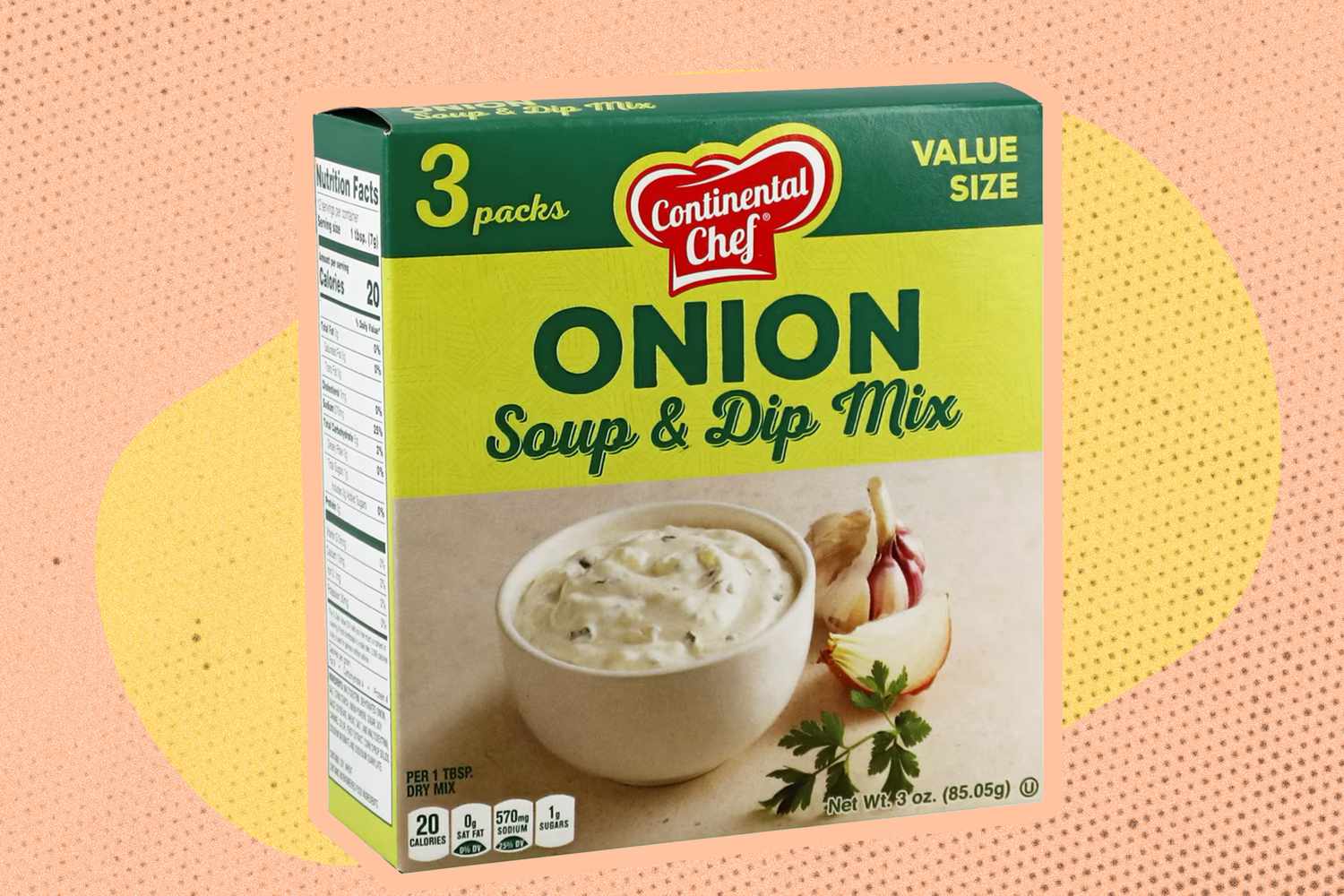 Continental Chef Onion Soup and Dip Mix box over a colorful background