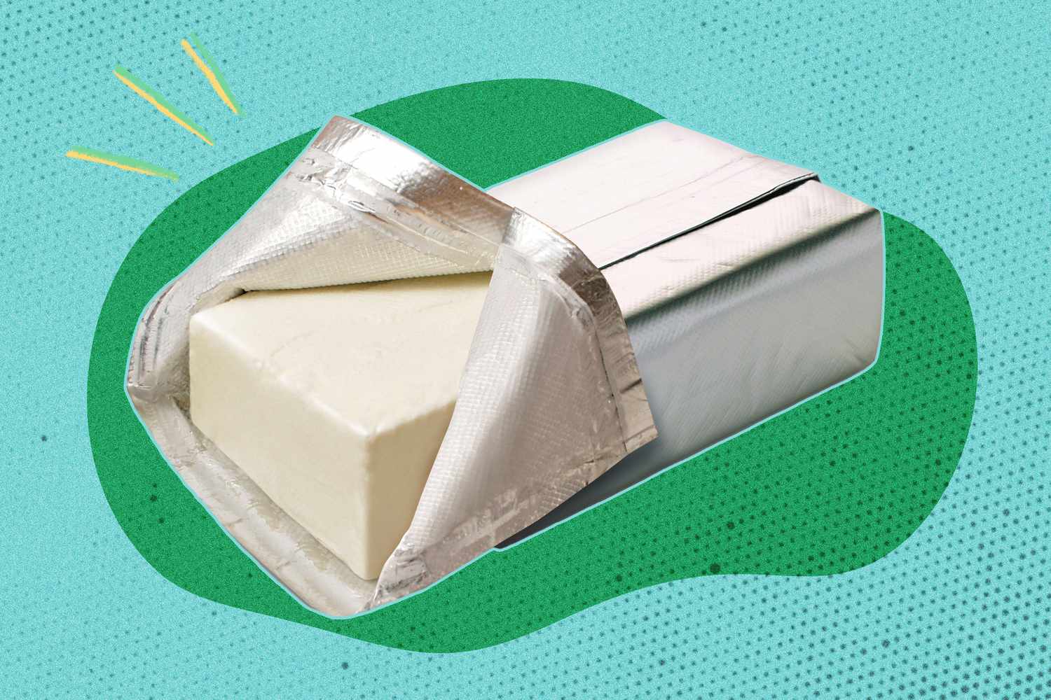 A block of cream cheese on a blue and green illustrated background