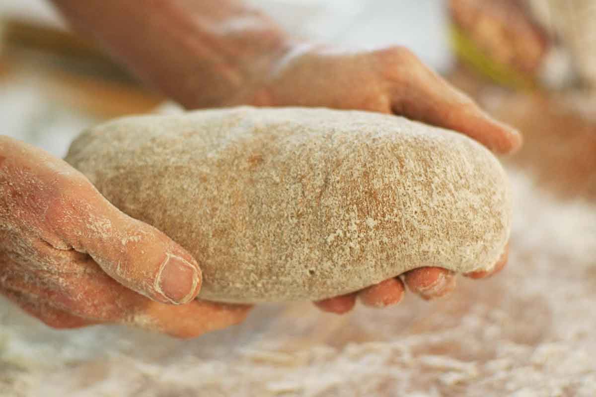 Hands holding half of a rye bread dough loaf