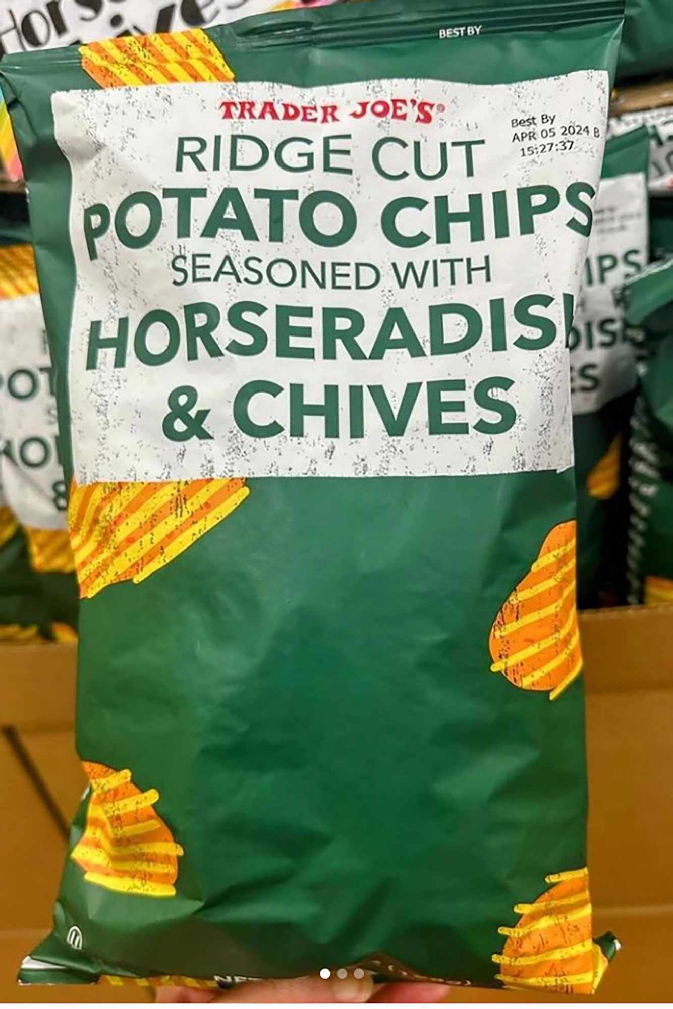 a bag of Trader Joe's Ridge Cut Potato Chips Seasoned with Horseradish and Chives