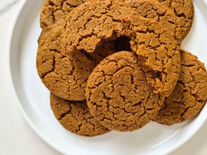 Round ginger cookies arranged on a white plate one cookie slightly broken near the center