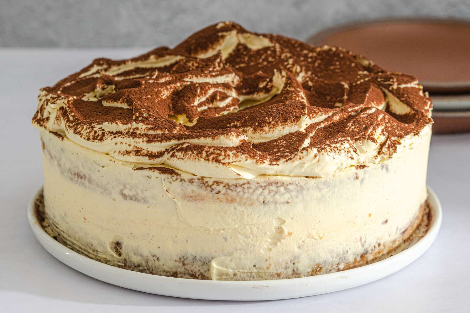 Whole tiramisu cake.