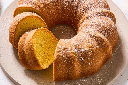 My Mom's Wine Cake bundt on a platter