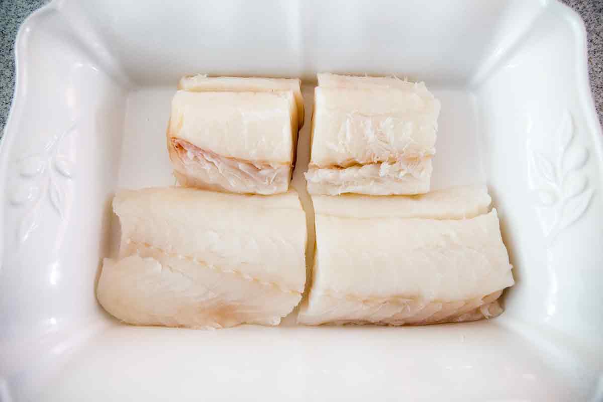 Cod filets in baking dish for baked cod recipe