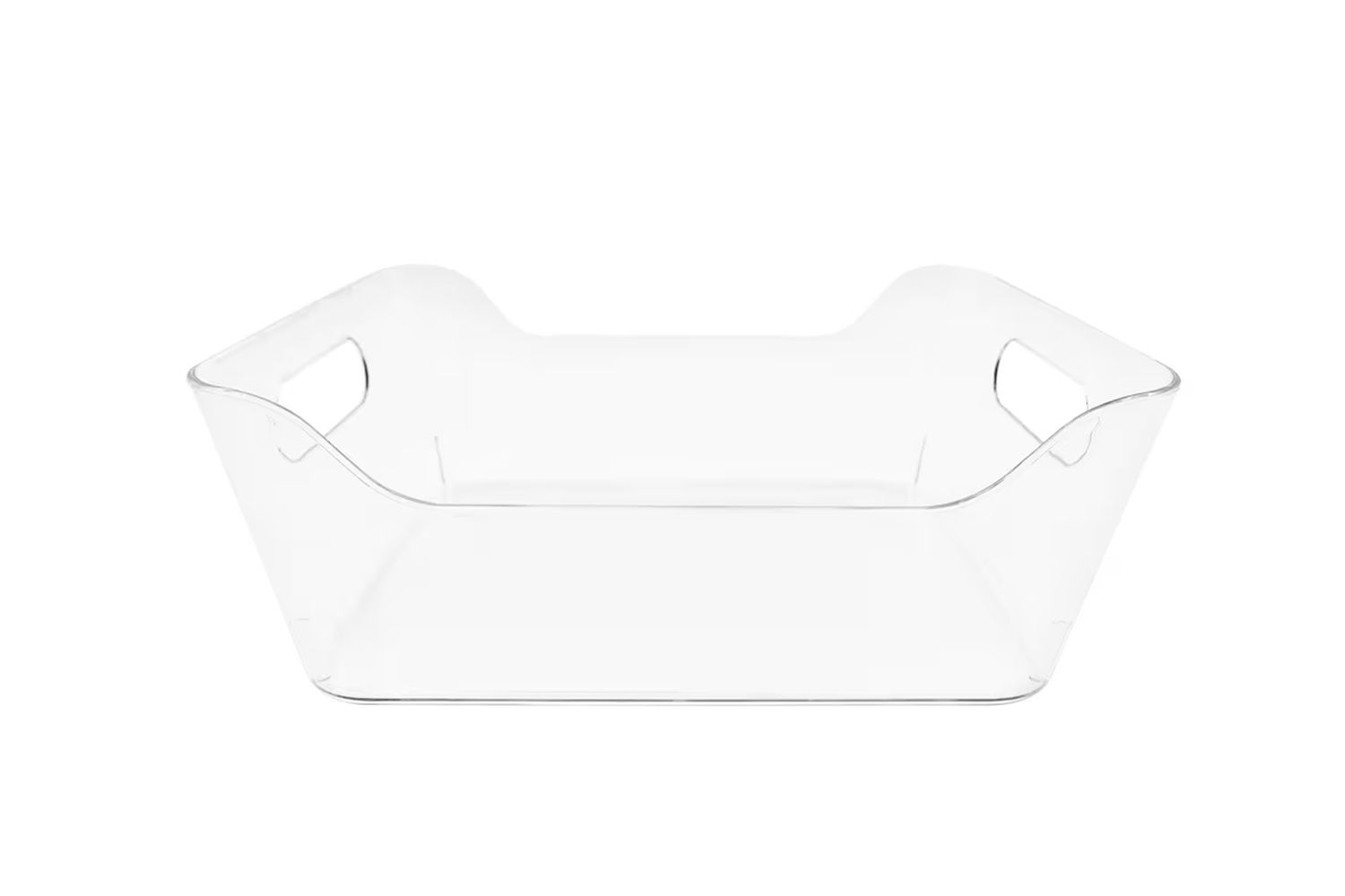 An empty, clear acrylic organizer tray with handles on each side, suitable for storage purposes
