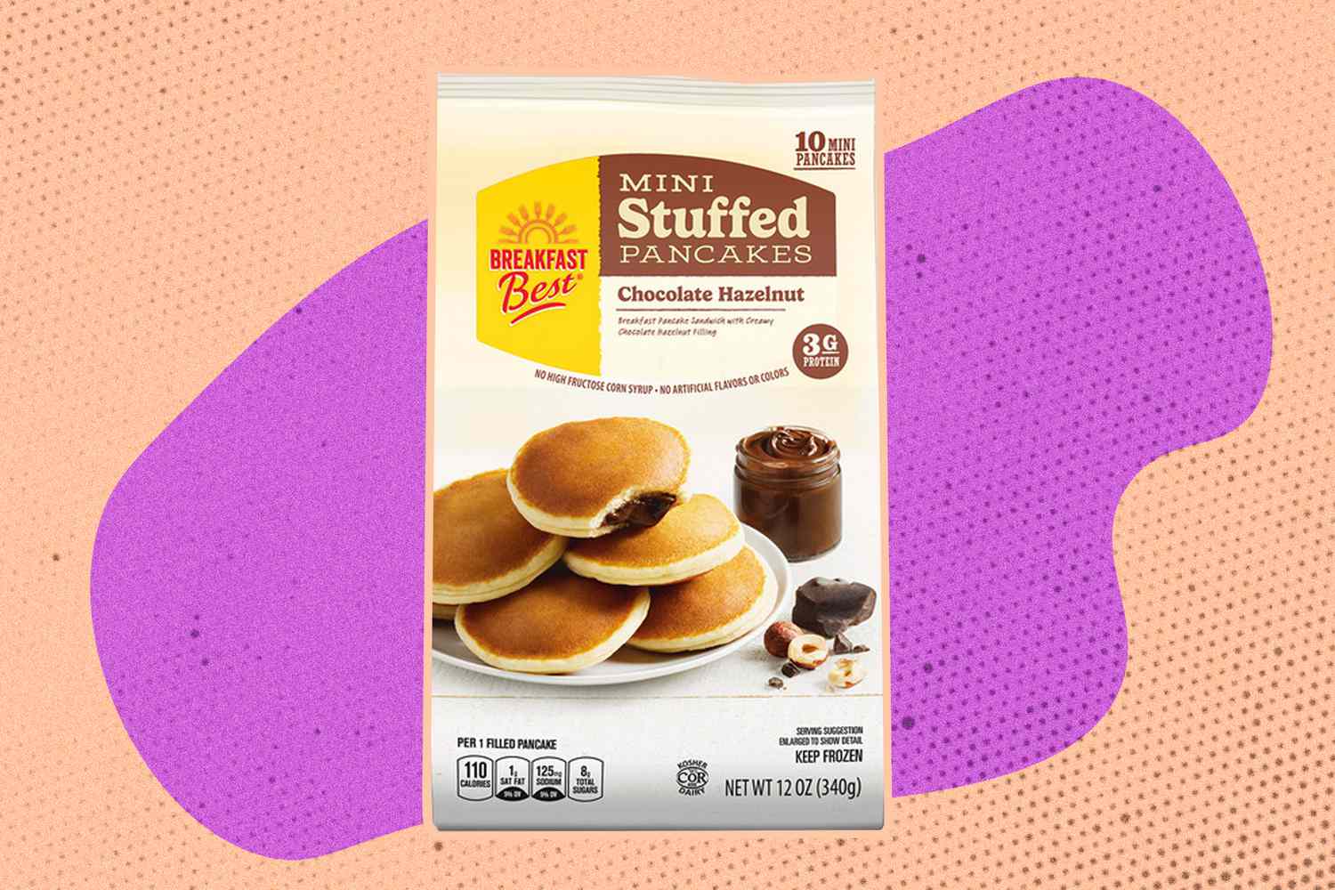 Packaging of Mini Stuffed Pancakes with Chocolate Hazelnut, featuring a plate of pancakes and a jar of chocolate spread