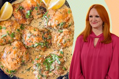 A spit image of a dish of lemon herb chicken and Ree Drummond