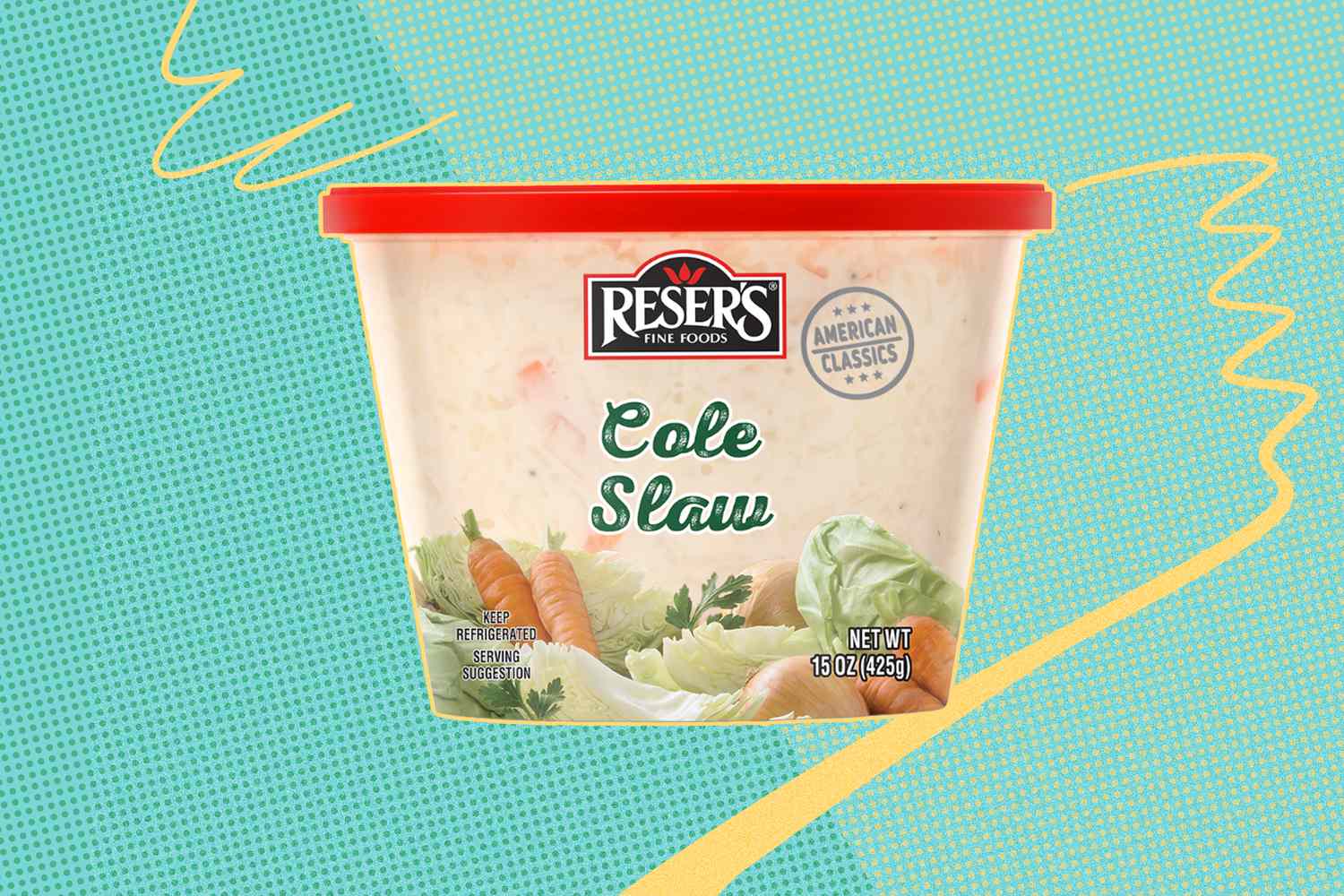 Container of Reser's Cole Slaw on a patterned background
