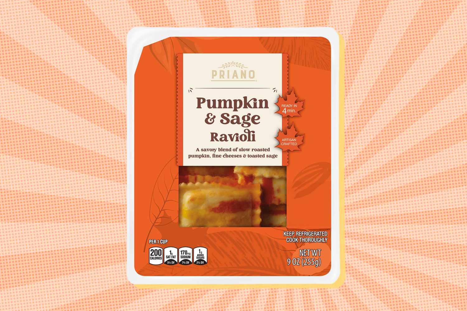 Package of Priano Pumpkin and Sage Ravioli with an orange background