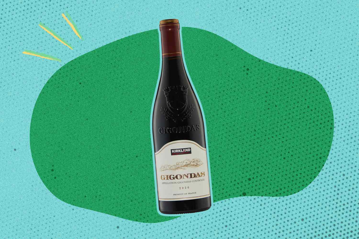 A bottle of Kirkland brand Gigondas wine on a green and blue background
