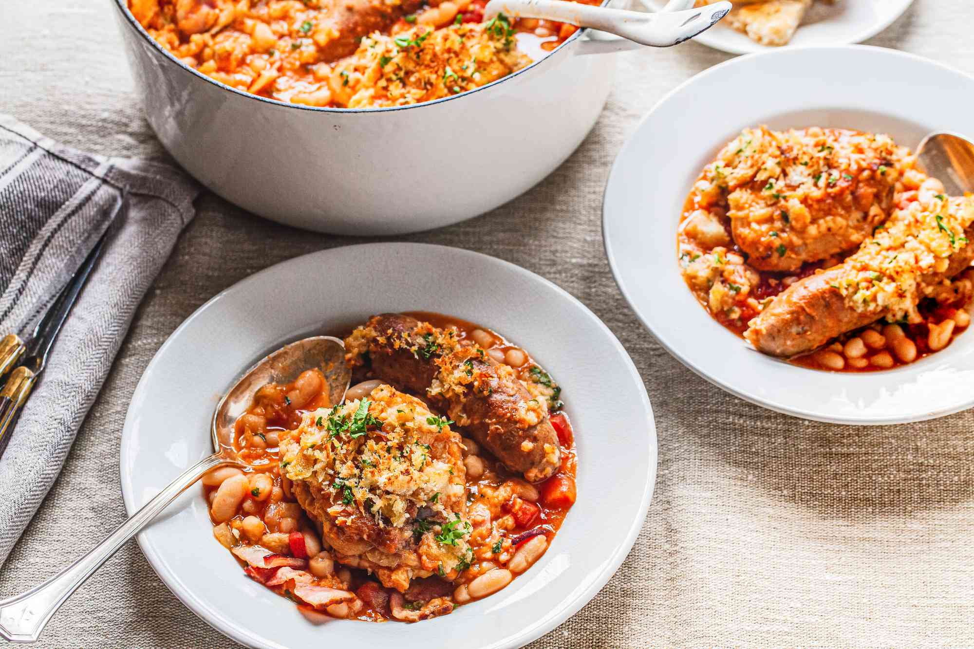 Two shallow bowls of easy cassoulet.