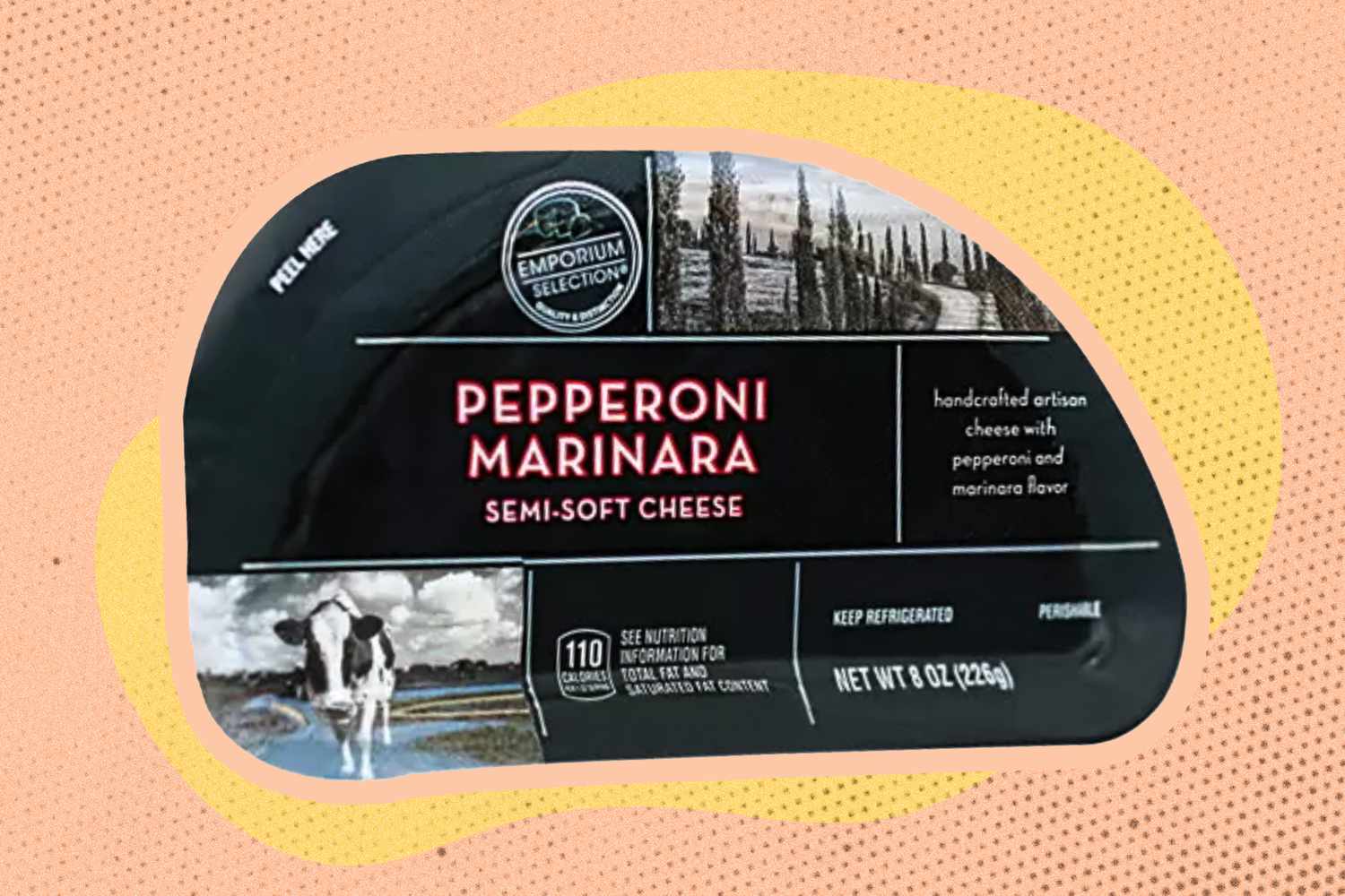 Emporium Selection Pepperoni Marinara Cheese package over a colorful background