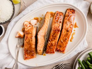 Miso Glazed Salmon on a Platter with a Fork