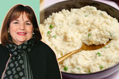 Headshot of Ina Garten on a green speckled background next to a closeup image of a bowl of risotto with peas with a gold spoon