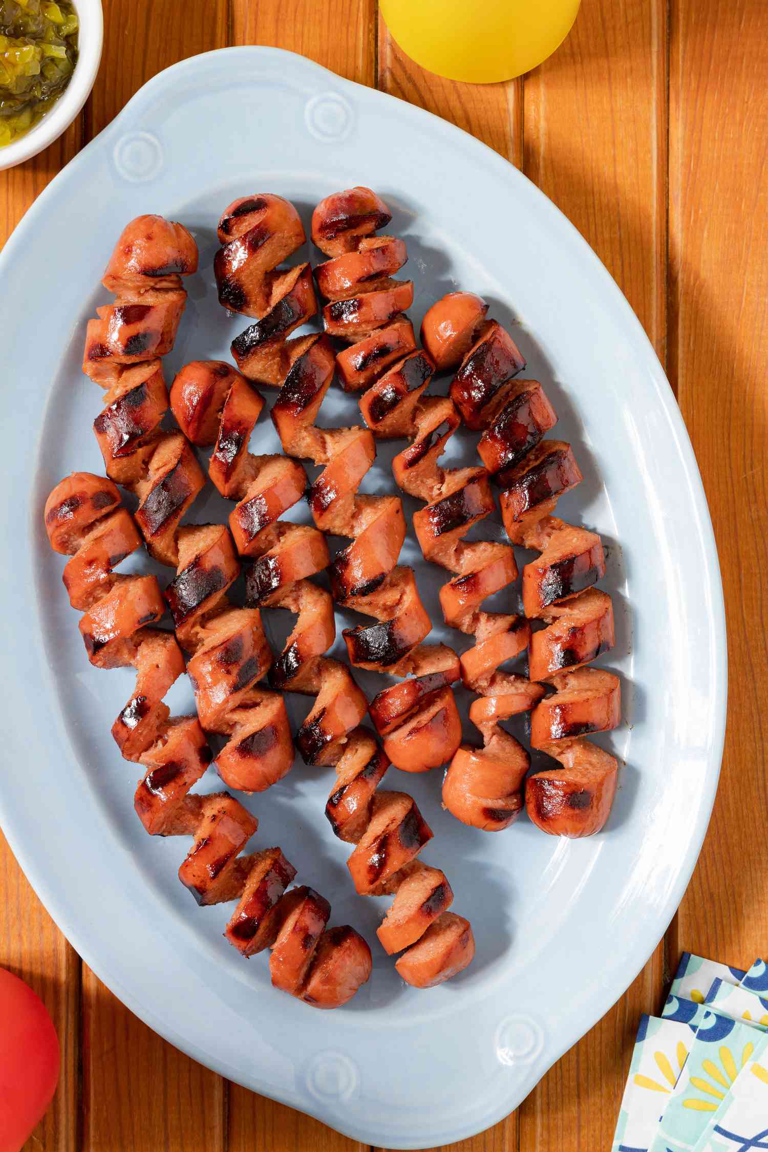 spiralized hot dogs on a platter