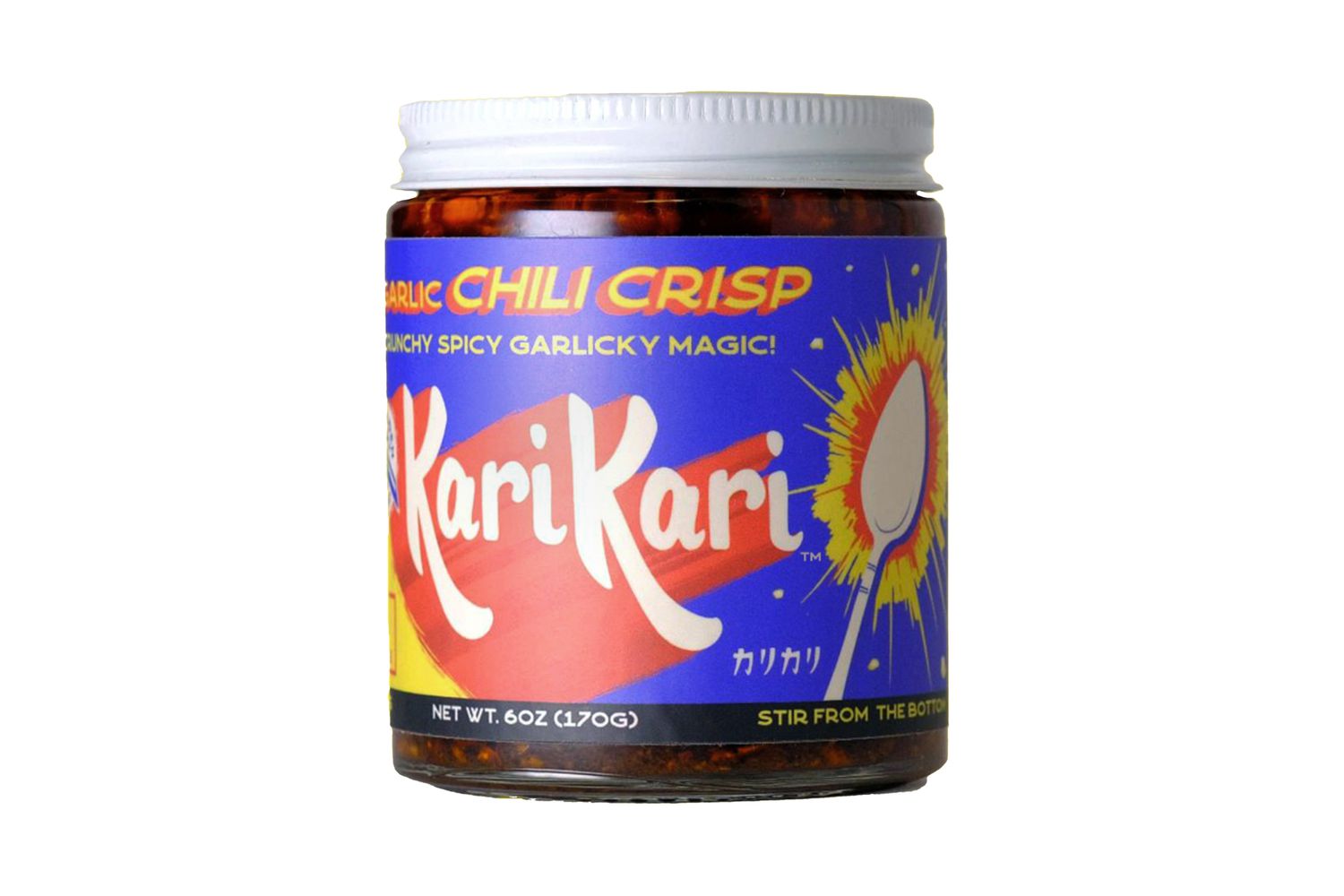 A glass jar of Kari Kari garlic chili crisp