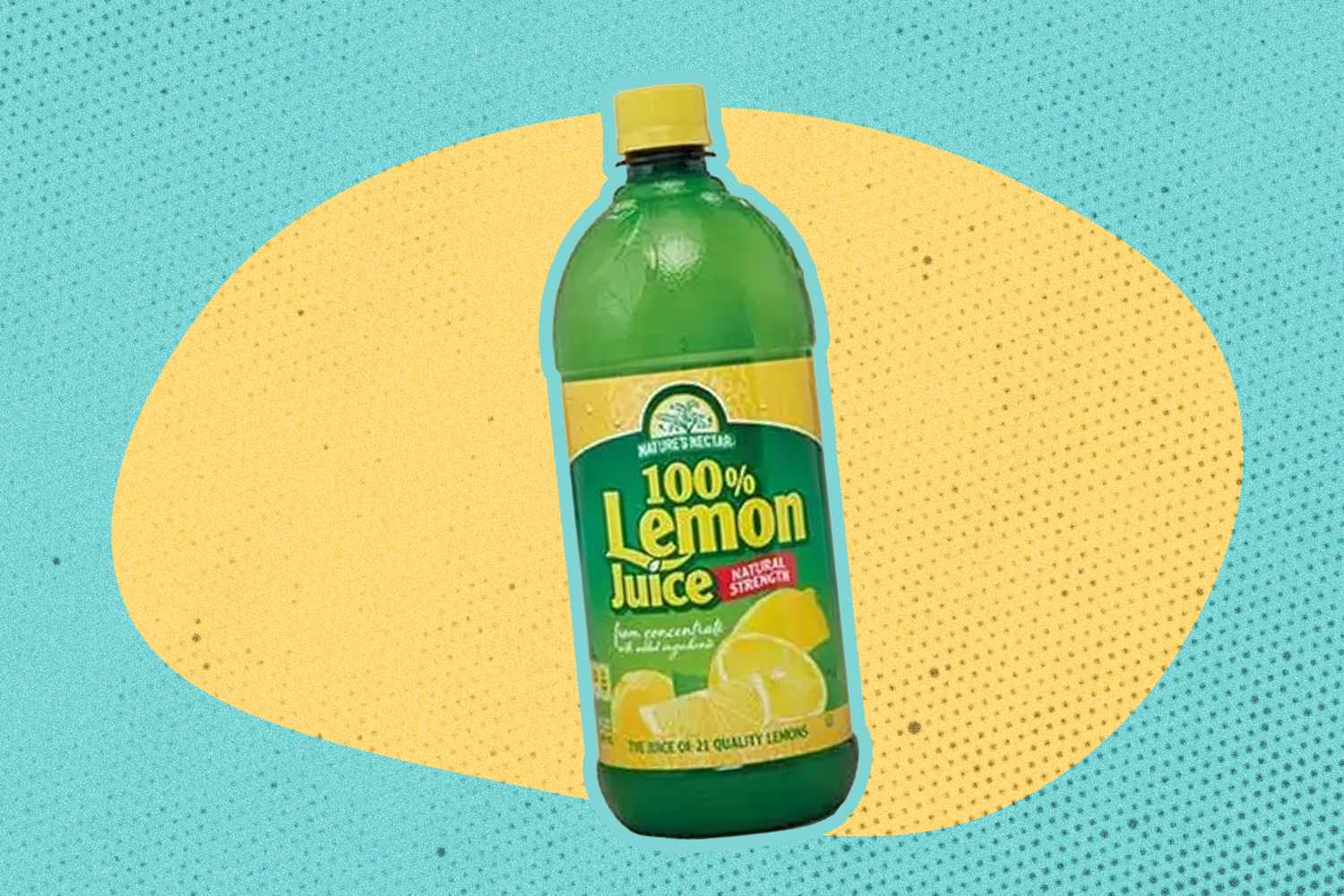 Bottle of ALDI’S Nature’s Nectar 100% Lemon Juice over a yellow and light blue speckled background