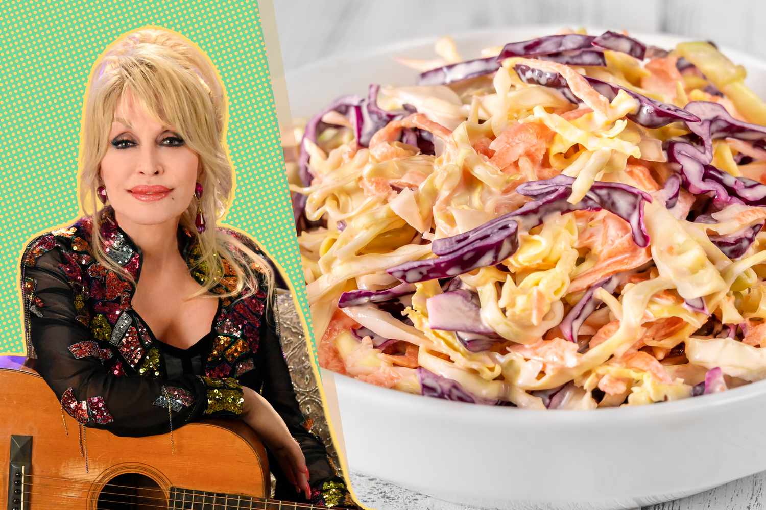Dolly Parton cut out over a green background and a bowl of cole-slaw
