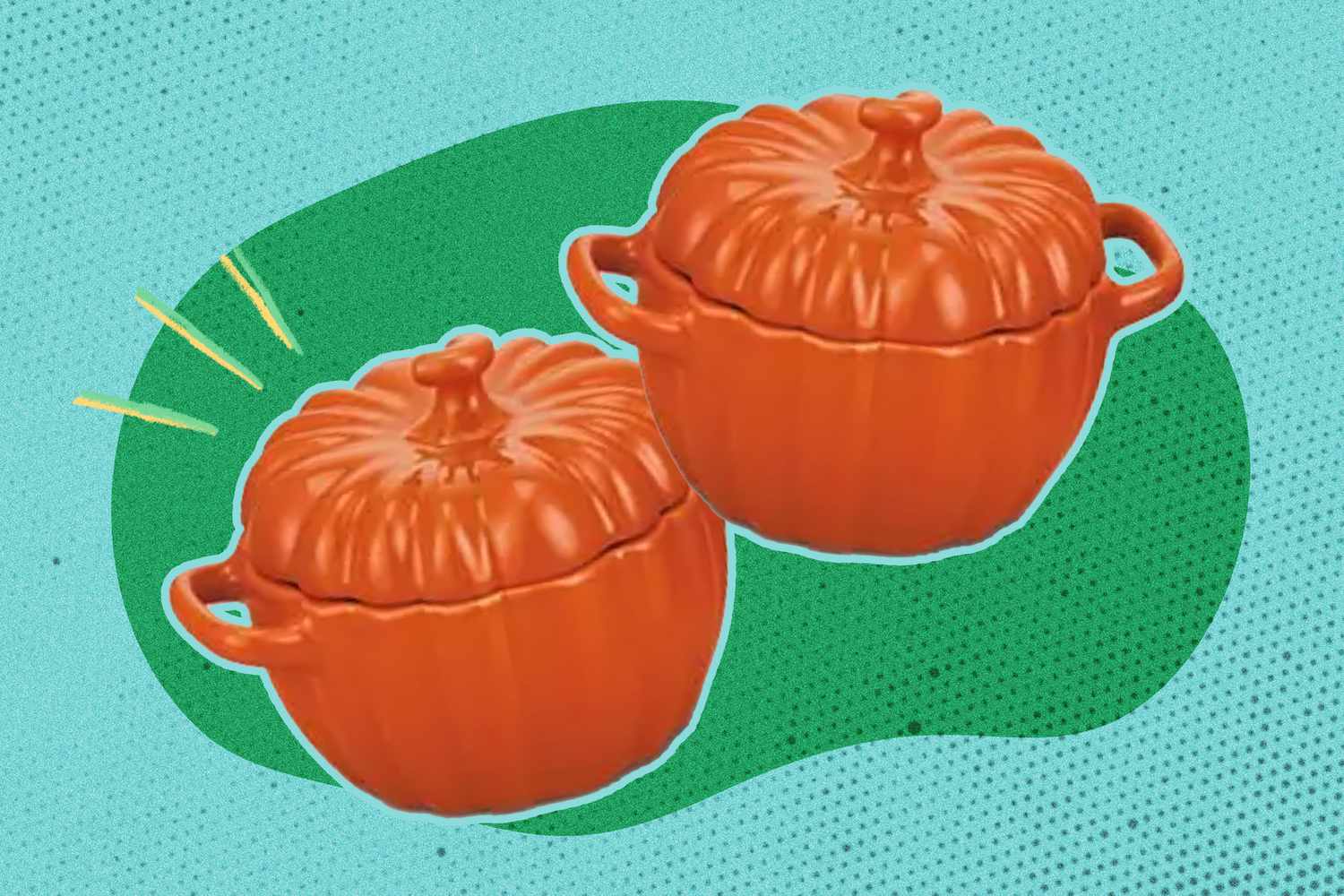 Two orange pumpkin style casserole dishes on a green and blue dotted background