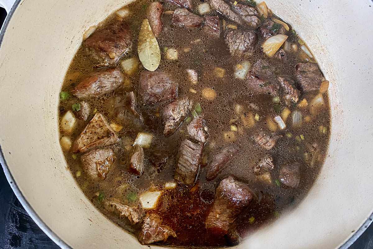 Broth added to the beef to make a Jamaican Stewed Beef Recipe.