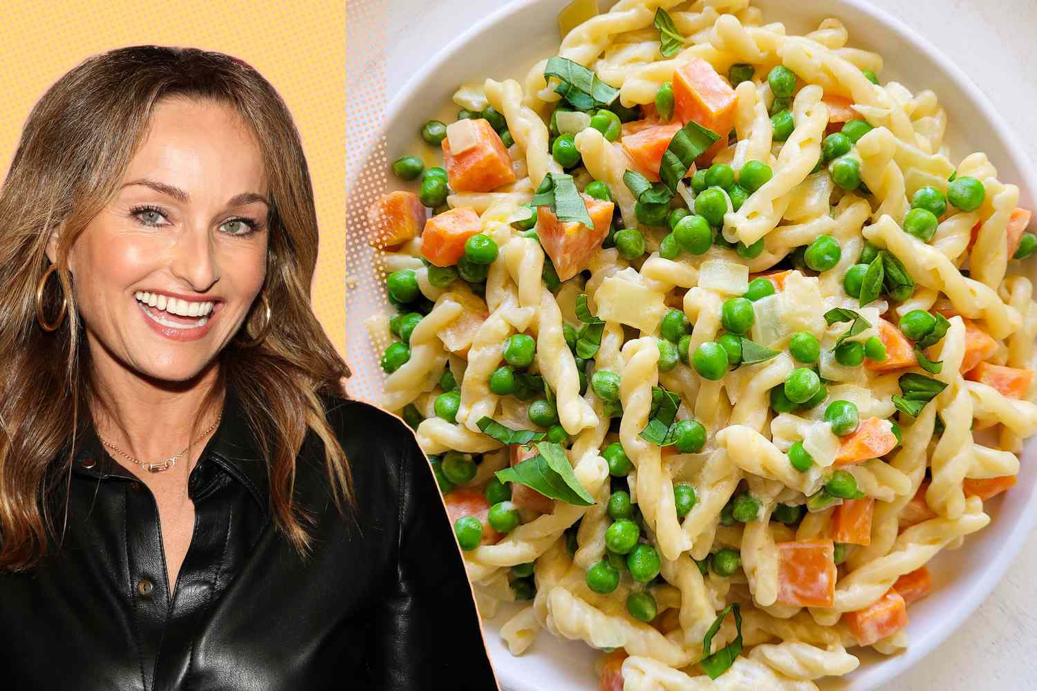 A split image of Giada De Laurentiis and a plate of her spring pasta recipe