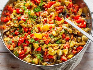 Pan of Classic Ratatouille with a Spoon
