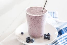 Side view of quick and easy blueberry smoothie.