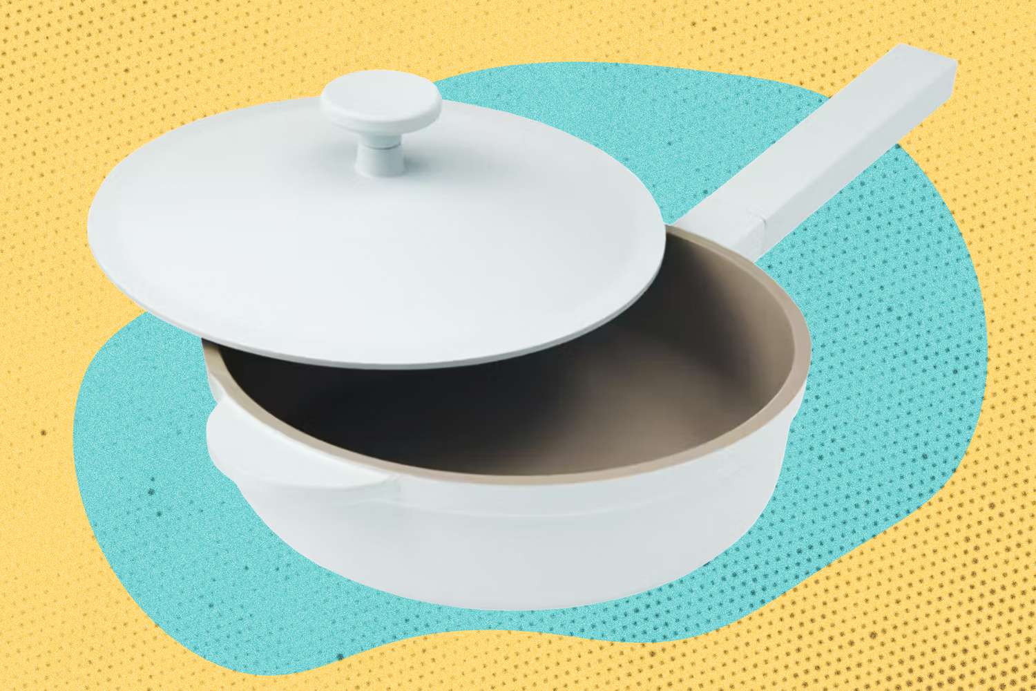 A white saucepan with a lid and a long handle, set against a colorful background
