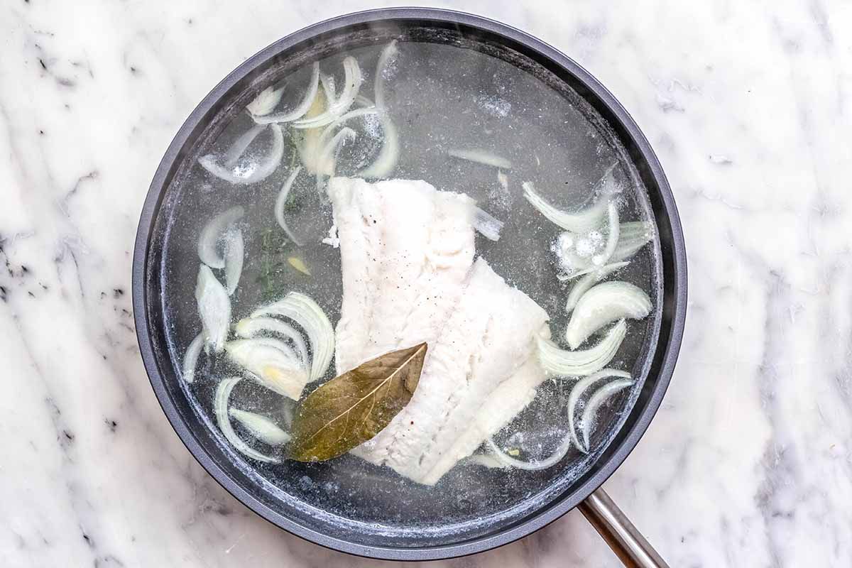 Broiled Fish Cake - fish in poaching liquid