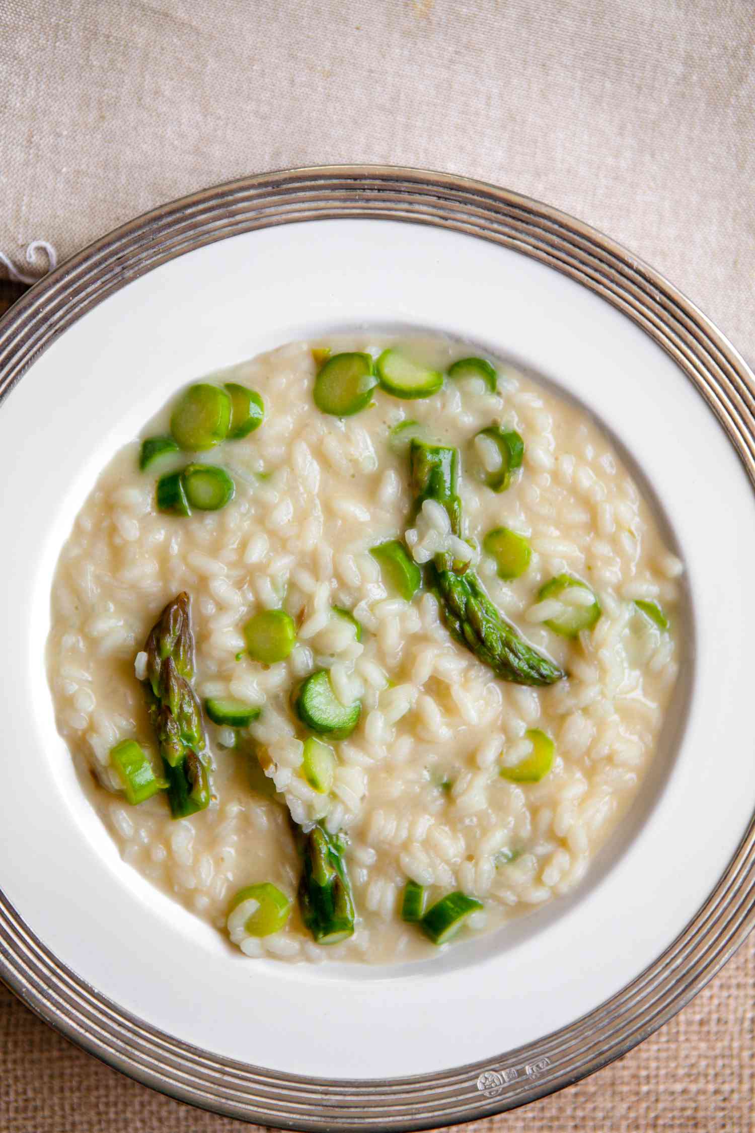 Asparagus Risotto in a White Bowl Plate